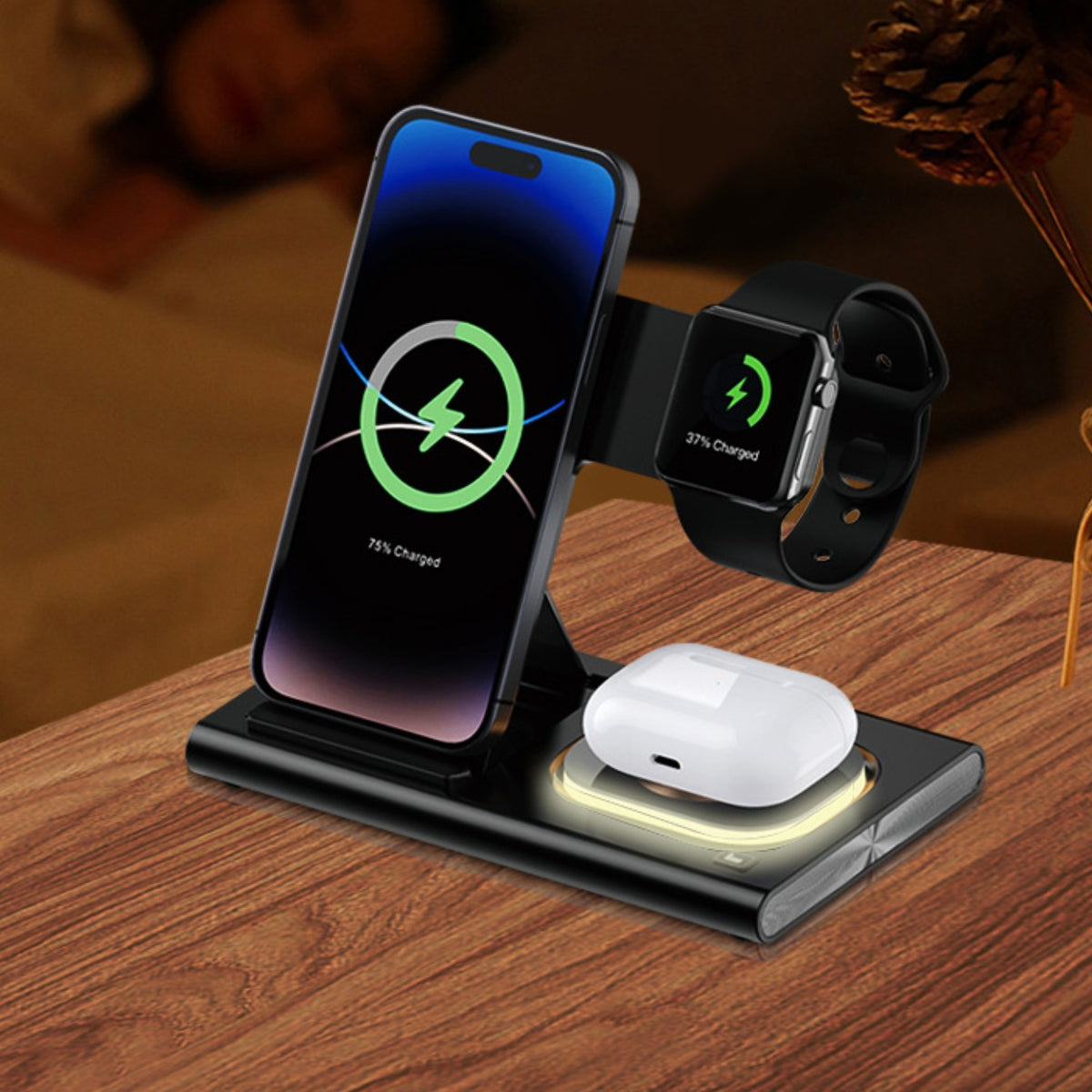 Incarcator Wireless 3 in 1, Statie de Incarcare Rapida 15W pentru iPhone, Apple Watch si AirPods, Design Pliabil si Portabil, Plastic ABS, 16.5 x 14 x 9.5 cm, Negru