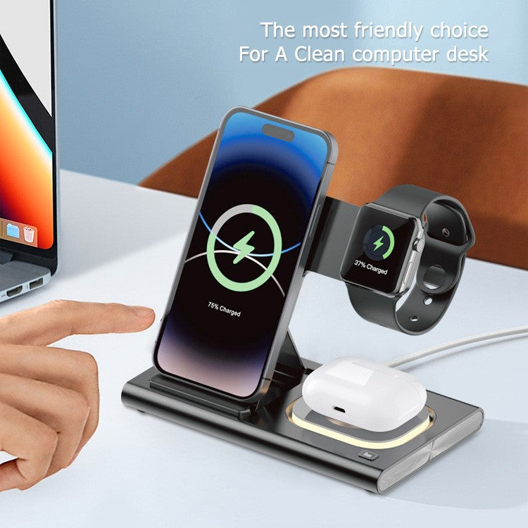 Incarcator Wireless 3 in 1, Statie de Incarcare Rapida 15W pentru iPhone, Apple Watch si AirPods, Design Pliabil si Portabil, Plastic ABS, 16.5 x 14 x 9.5 cm, Negru