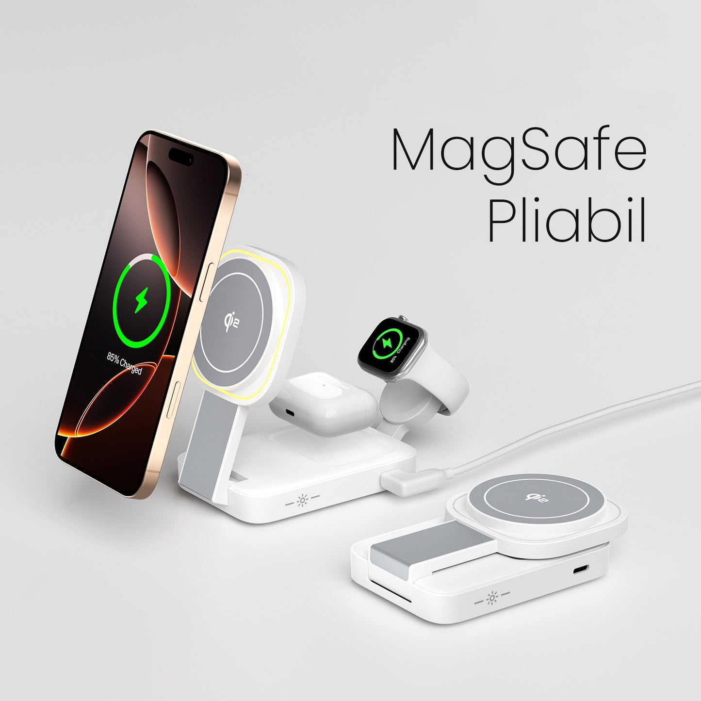 Statie Incarcare Wireless 3 in 1, Incarcator Magnetic MagSafe Fast Charge 23W, Suport Pliabil pentru iPhone, Apple Watch si AirPods, ABS, 11 x 6.5 x 2.9 cm, Alb Ivory