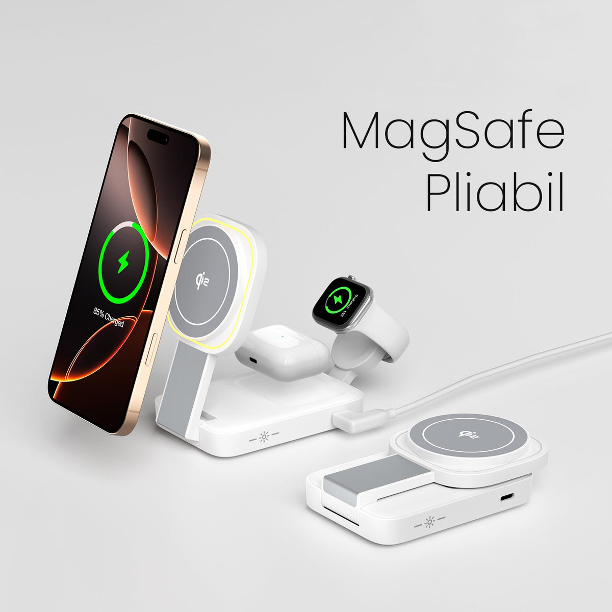 Statie Incarcare Wireless 3 in 1, Incarcator Magnetic MagSafe Fast Charge 23W, Suport Pliabil pentru iPhone, Apple Watch si AirPods, ABS, 11 x 6.5 x 2.9 cm, Alb Ivory