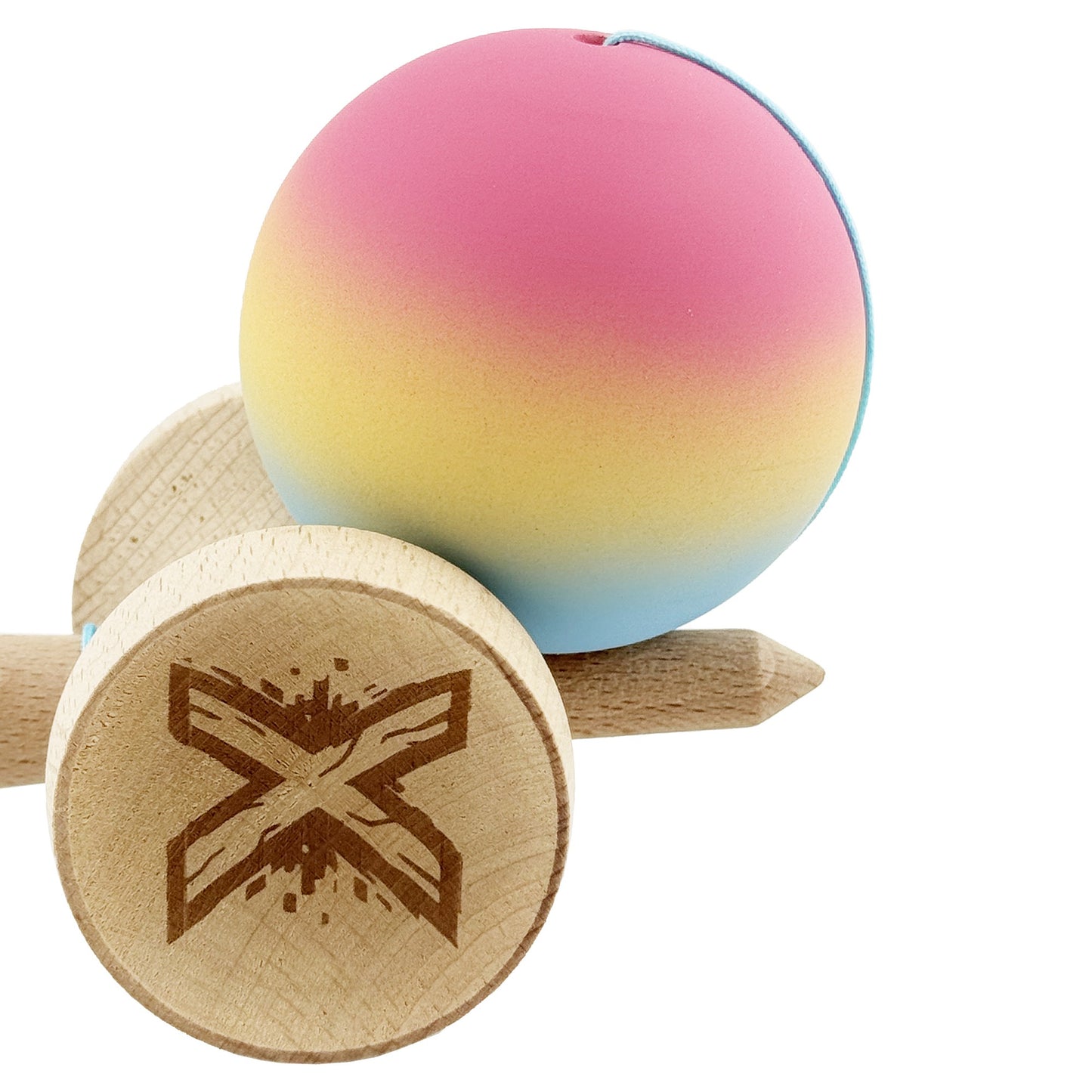 Kendama X Originala, Model V3 Roz / Galben / Albastru Deschis in Degrade, Profesionala, Cupe Mari King Size, Rubber Grip, Gaura in Baza, Rulment, Ata 55cm
