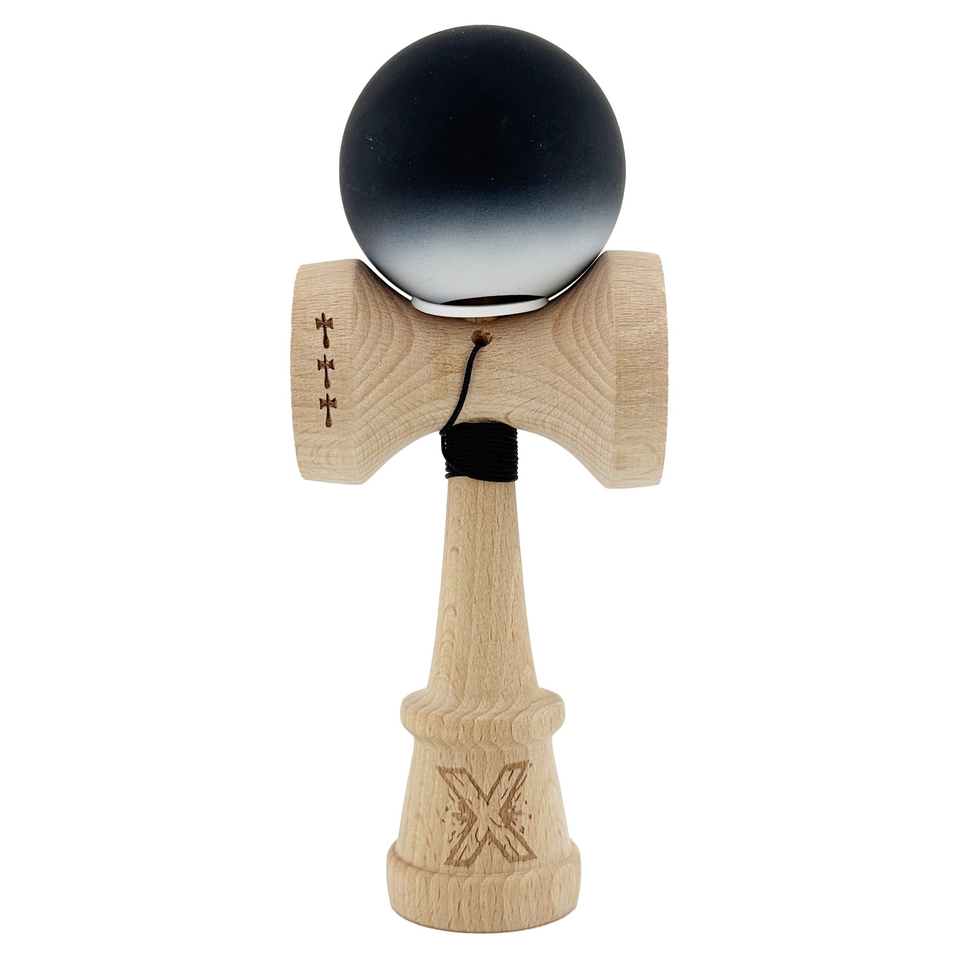 Kendama X Originala, Model V3 Negru / Alb in Degrade, Profesionala, Cupe Mari King Size, Rubber Grip, Gaura in Baza, Rulment, Ata 55cm