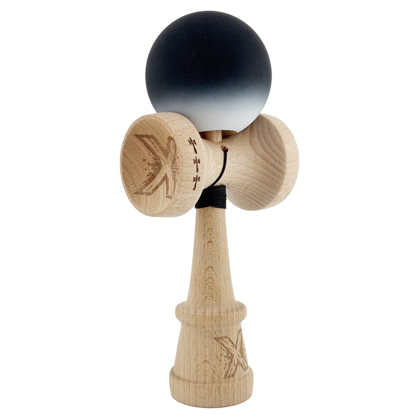 Kendama X Originala, Model V3 Negru / Alb in Degrade, Profesionala, Cupe Mari King Size, Rubber Grip, Gaura in Baza, Rulment, Ata 55cm