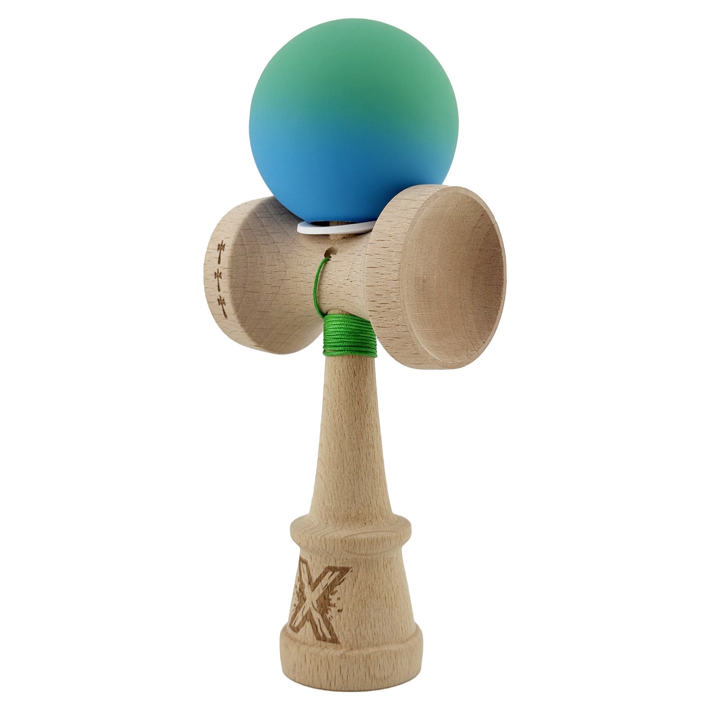 Kendama X Originala, Model V3 Verde / Albastru in Degrade, Profesionala, Cupe Mari King Size, Rubber Grip, Gaura in Baza, Rulment, Ata 55cm