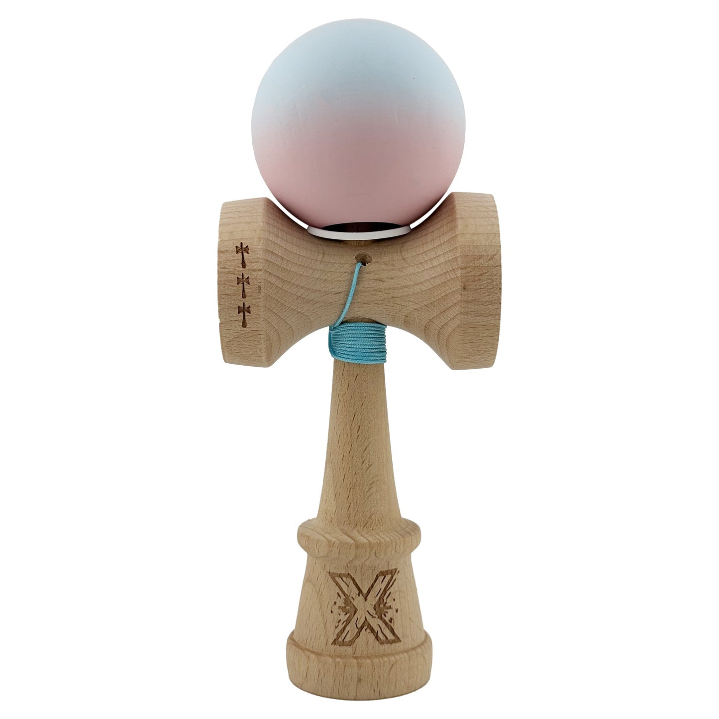 Kendama X Originala, Model V3 Albastru Deschis / Roz in Degrade, Profesionala, Cupe Mari King Size, Rubber Grip, Gaura in Baza, Rulment, Ata 55cm