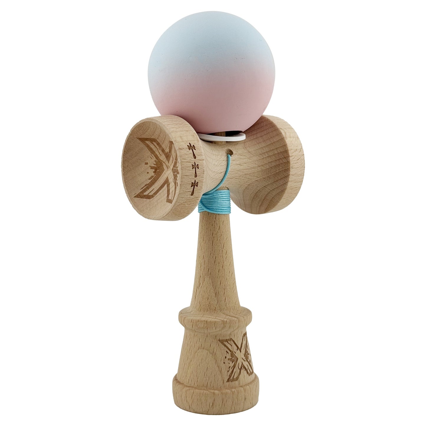 Kendama X Originala, Model V3 Albastru Deschis / Roz in Degrade, Profesionala, Cupe Mari King Size, Rubber Grip, Gaura in Baza, Rulment, Ata 55cm