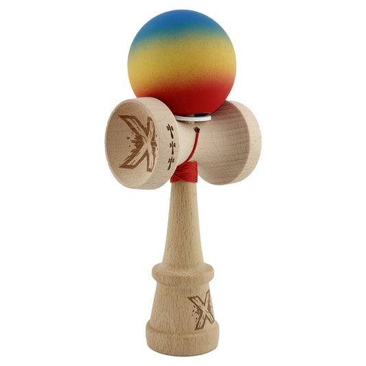 Kendama X Originala, Model V3 Albastru / Galben / Rosu in Degrade, Profesionala, Cupe Mari King Size, Rubber Grip, Gaura in Baza, Rulment, Ata 55cm