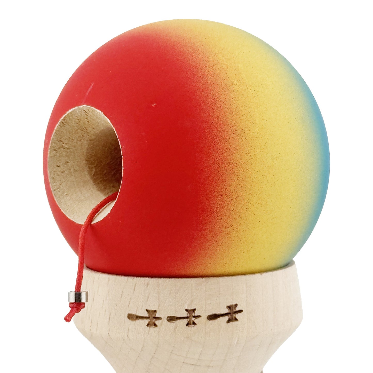 Kendama X Originala, Model V3 Albastru / Galben / Rosu in Degrade, Profesionala, Cupe Mari King Size, Rubber Grip, Gaura in Baza, Rulment, Ata 55cm