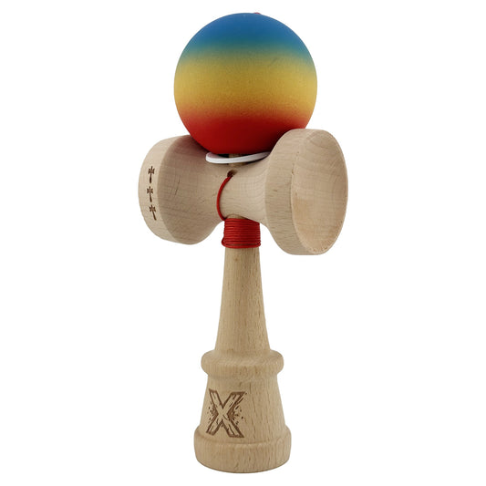 Kendama X Originala, Model V3 Albastru / Galben / Rosu in Degrade, Profesionala, Cupe Mari King Size, Rubber Grip, Gaura in Baza, Rulment, Ata 55cm