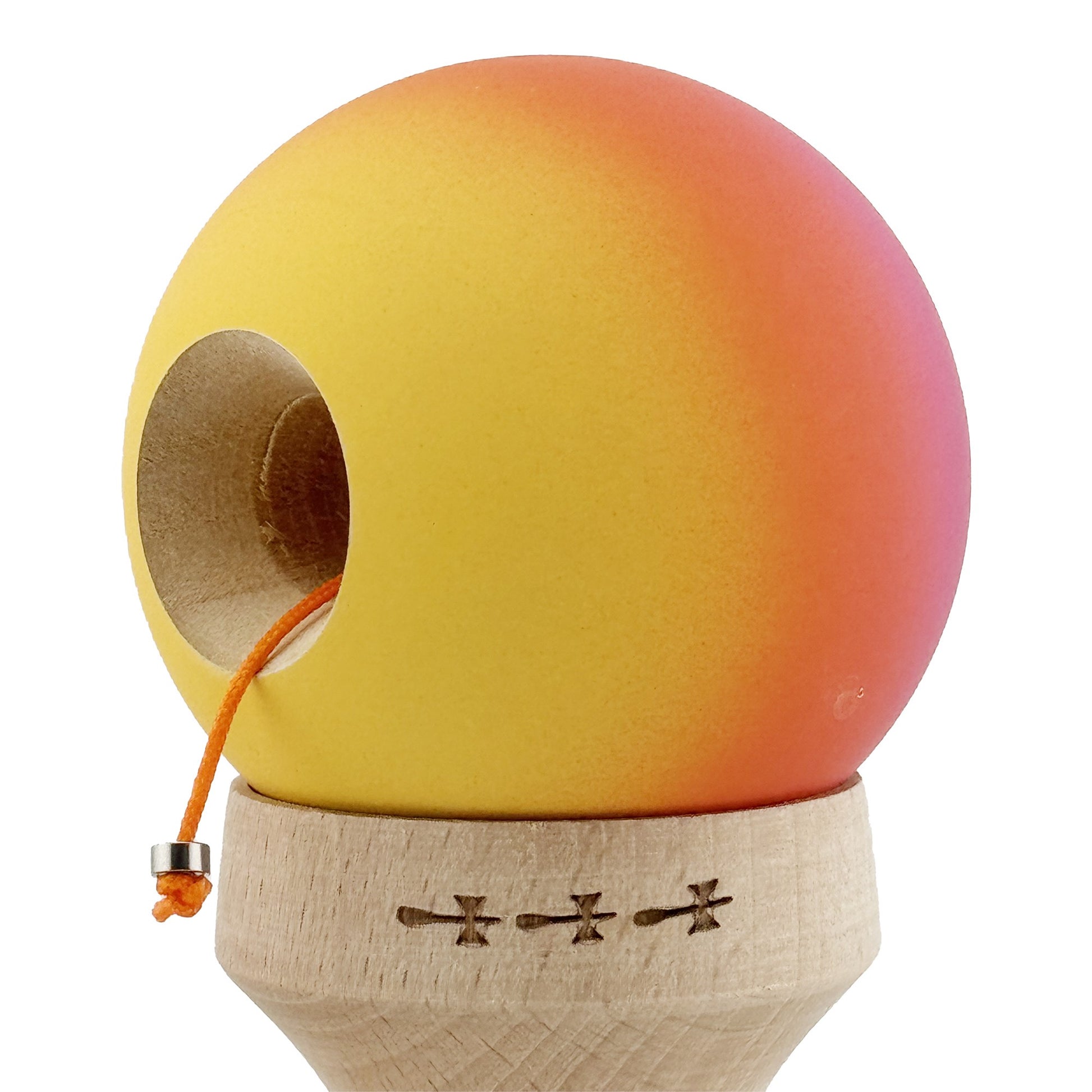 Kendama X Originala, Model V3 Roz / Rosu / Galben in Degrade, Profesionala, Cupe Mari King Size, Rubber Grip, Gaura in Baza, Rulment, Ata 55cm