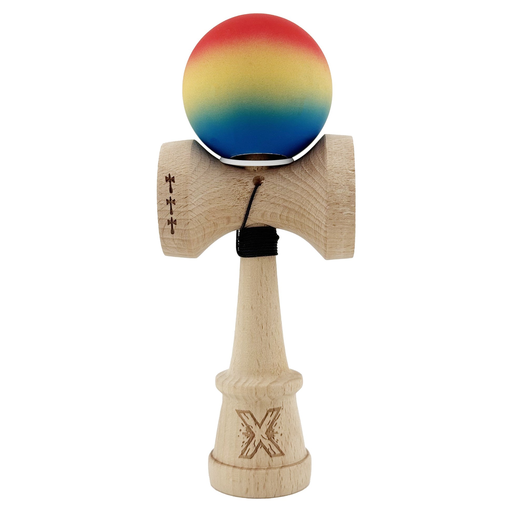 Kendama X Originala, Model V3 Rosu / Galben / Albastru in Degrade, Profesionala, Cupe Mari King Size, Rubber Grip, Gaura in Baza, Rulment, Ata 55cm