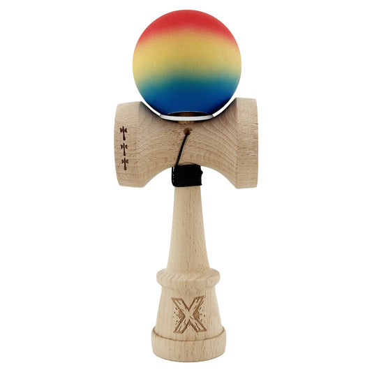 Kendama X Originala, Model V3 Rosu / Galben / Albastru in Degrade, Profesionala, Cupe Mari King Size, Rubber Grip, Gaura in Baza, Rulment, Ata 55cm