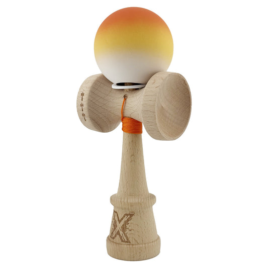 Kendama X Originala, Model V3 Portocaliu / Galben / Alb in Degrade, Profesionala, Cupe Mari King Size, Rubber Grip, Gaura in Baza, Rulment, Ata 55cm