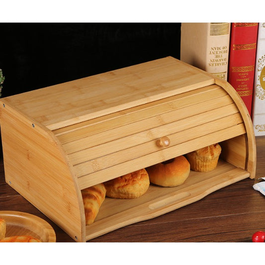 Cutie De Paine Multifunctionala, Suport Depozitare Produse Patiserie Si Fructe, Lemn De Bambus Natural, Cu Capac, 40 x 27 x 17.3 cm, Natur