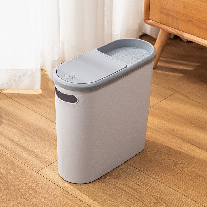 Cos de Gunoi cu Capac Pop-Up, Design Slim Oval pentru Spatii Inguiste, Plastic PP cu Maner si Compartiment Saci, 10 Litri, 31.5 x 14 x 30 cm, Gri