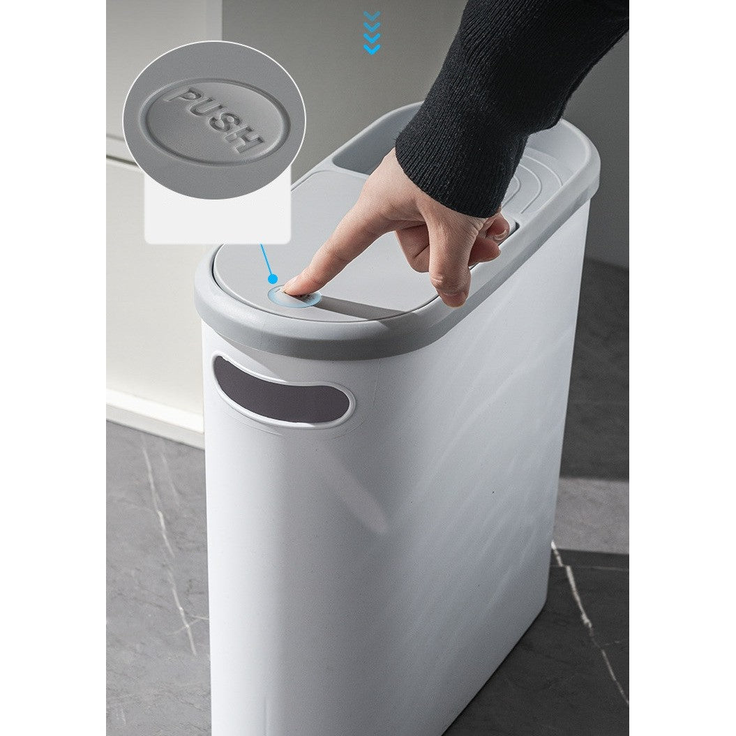 Cos de Gunoi cu Capac Pop-Up, Design Slim Oval pentru Spatii Inguiste, Plastic PP cu Maner si Compartiment Saci, 10 Litri, 31.5 x 14 x 30 cm, Gri