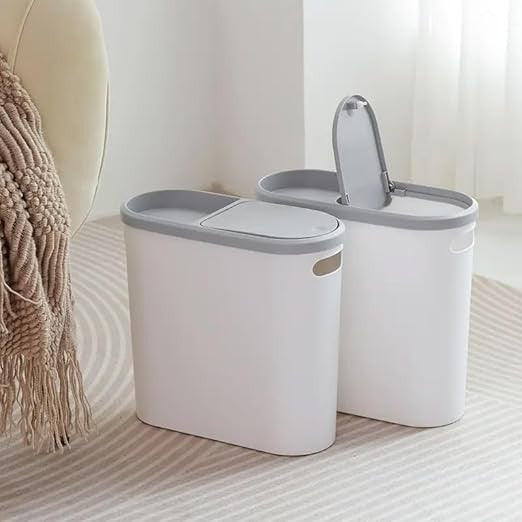 Cos de Gunoi cu Capac Pop-Up, Design Slim Oval pentru Spatii Inguiste, Plastic PP cu Maner si Compartiment Saci, 10 Litri, 31.5 x 14 x 30 cm, Gri