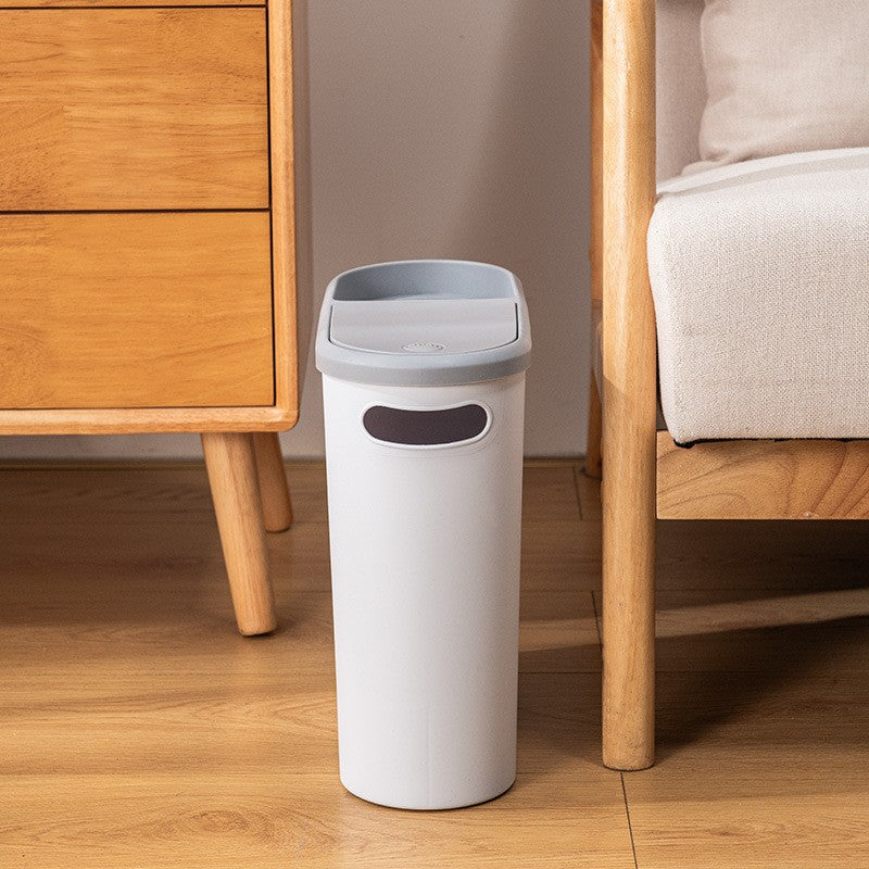 Cos de Gunoi cu Capac Pop-Up, Design Slim Oval pentru Spatii Inguiste, Plastic PP cu Maner si Compartiment Saci, 10 Litri, 31.5 x 14 x 30 cm, Gri