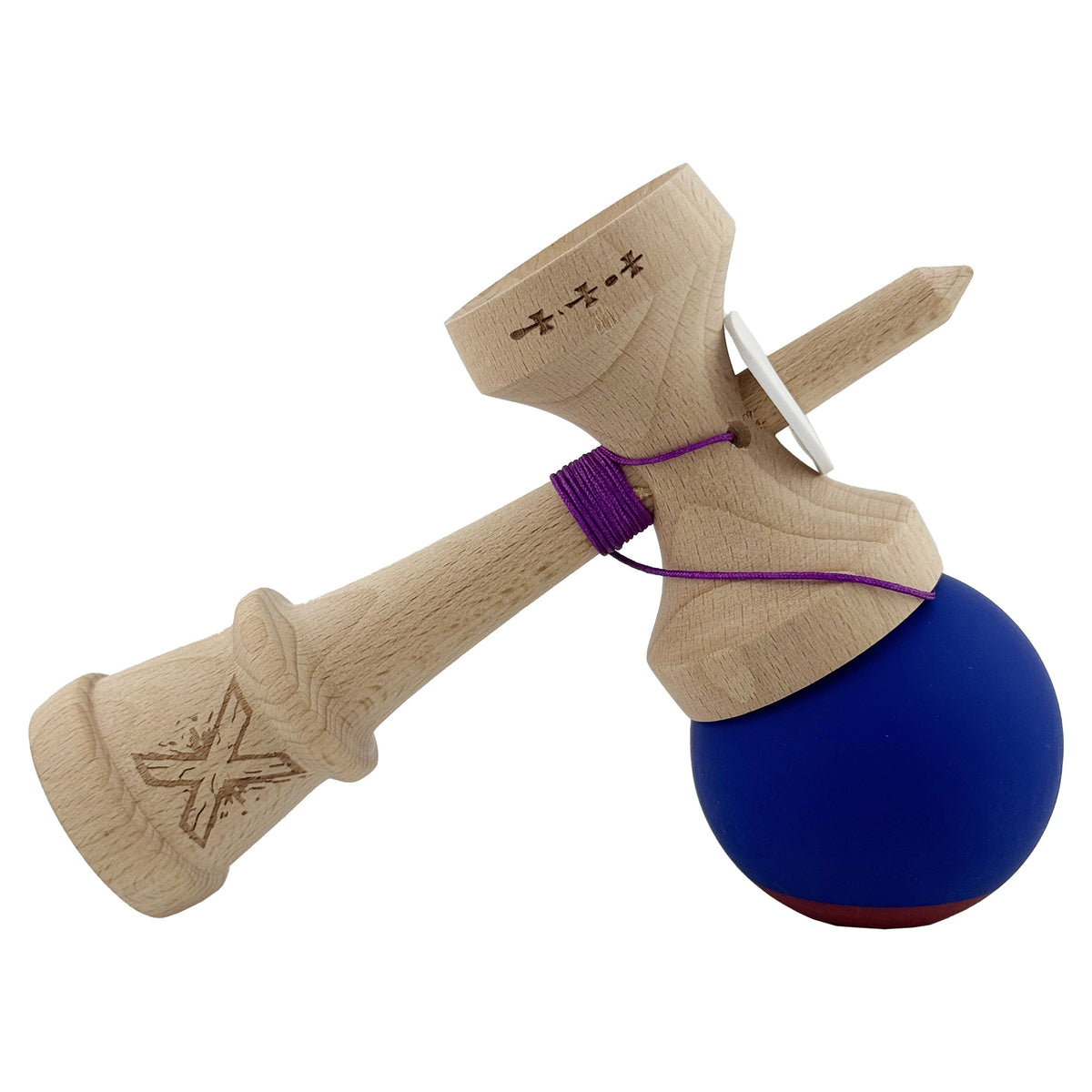 Kendama X Originala, Model V3 Albastru Inchis / Rosu, Profesionala, Cupe Mari King Size, Rubber Grip, Gaura in Baza, Rulment, Ata 62cm