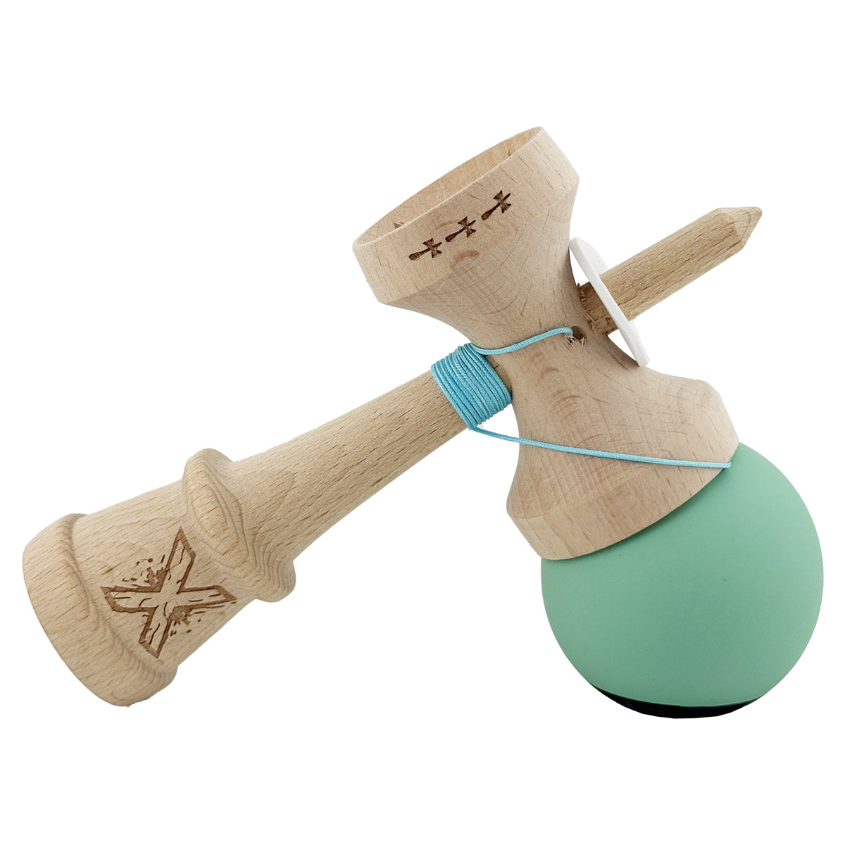 Kendama X Originala, Model V3 Turcoaz / Albastru Inchis, Profesionala, Cupe Mari King Size, Rubber Grip, Gaura in Baza, Rulment, Ata 62cm