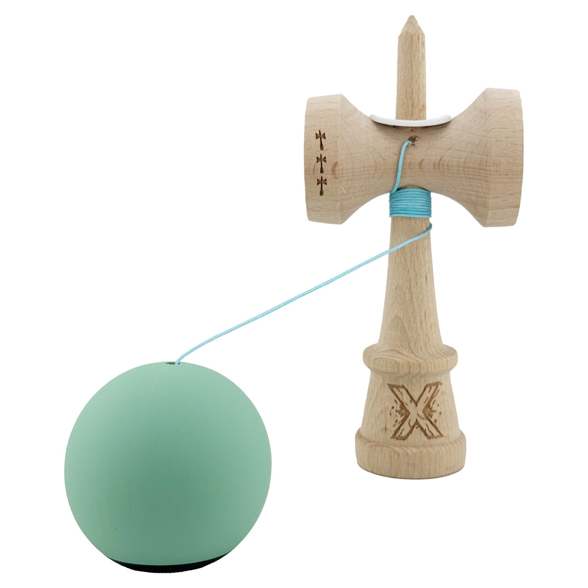 Kendama X Originala, Model V3 Turcoaz / Albastru Inchis, Profesionala, Cupe Mari King Size, Rubber Grip, Gaura in Baza, Rulment, Ata 62cm
