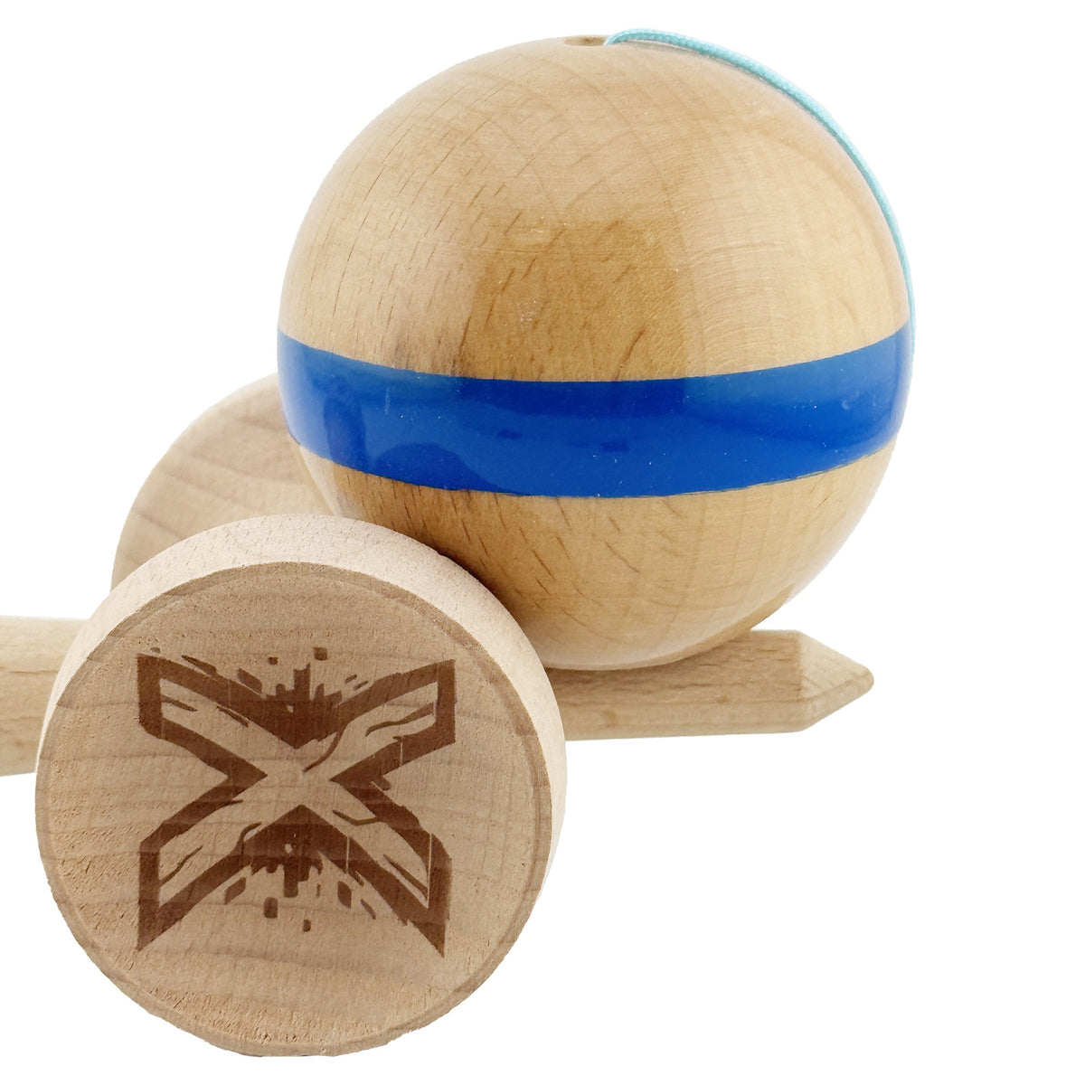 Kendama X Originala, Model V3 Albastru, Linie, Profesionala, Cupe Mari King Size, Super Sticky, Gaura in Baza, Rulment, Ata 55cm
