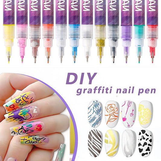 Set 12 Markere Acrilice Nail Art, Creioane Pentru Decorarea Unghiilor Cu Varf Ultra Fin 0.5 mm, Formula Pe Baza De Apa Cu Uscare Rapida, Multicolor, 13 x 10 cm, 12 Bucati