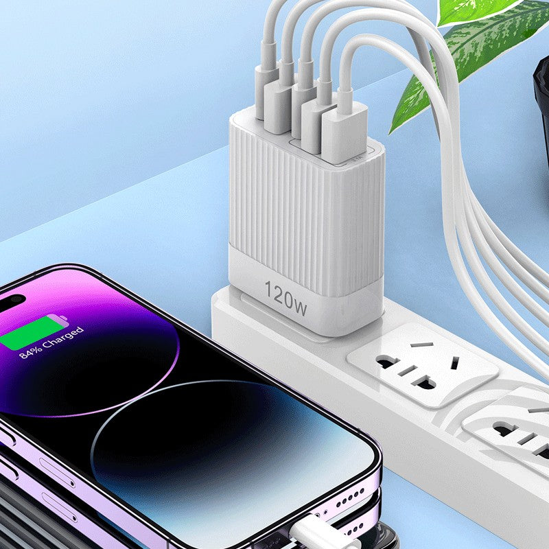 Incarcator Retea Fast Charger 120W, Adaptor Multi-Port Power Delivery, 2 Porturi USB-C si 3 Porturi USB-A, Compatibil Telefon si Tableta, Alb