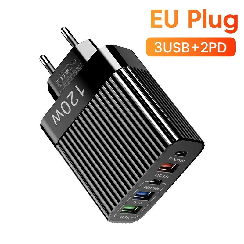 Incarcator Retea Super Fast Charger, 120W, Tehnologie Power Delivery, 5 Porturi, 2 USB Type-C si 3 USB-A, Compatibil cu Telefoane si Tablete, Negru
