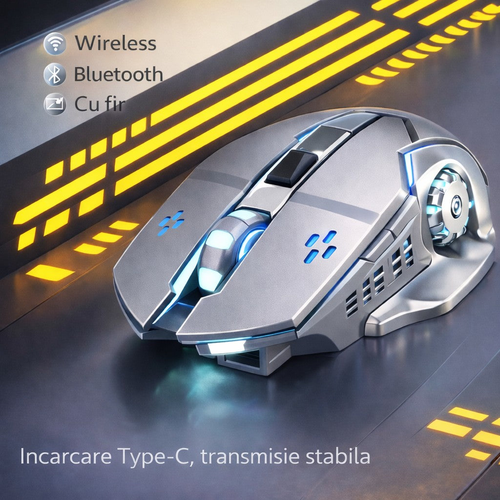 Mouse Wireless Gaming, Design Ergonomic, Reincarcabil, 6 Butoane, DPI Ajustabil 800-1600, Iluminare RGB Breathing, Conexiune 2.4 GHz, Compatibil Laptop si PC, 138x80x38 mm, Gri/Roz