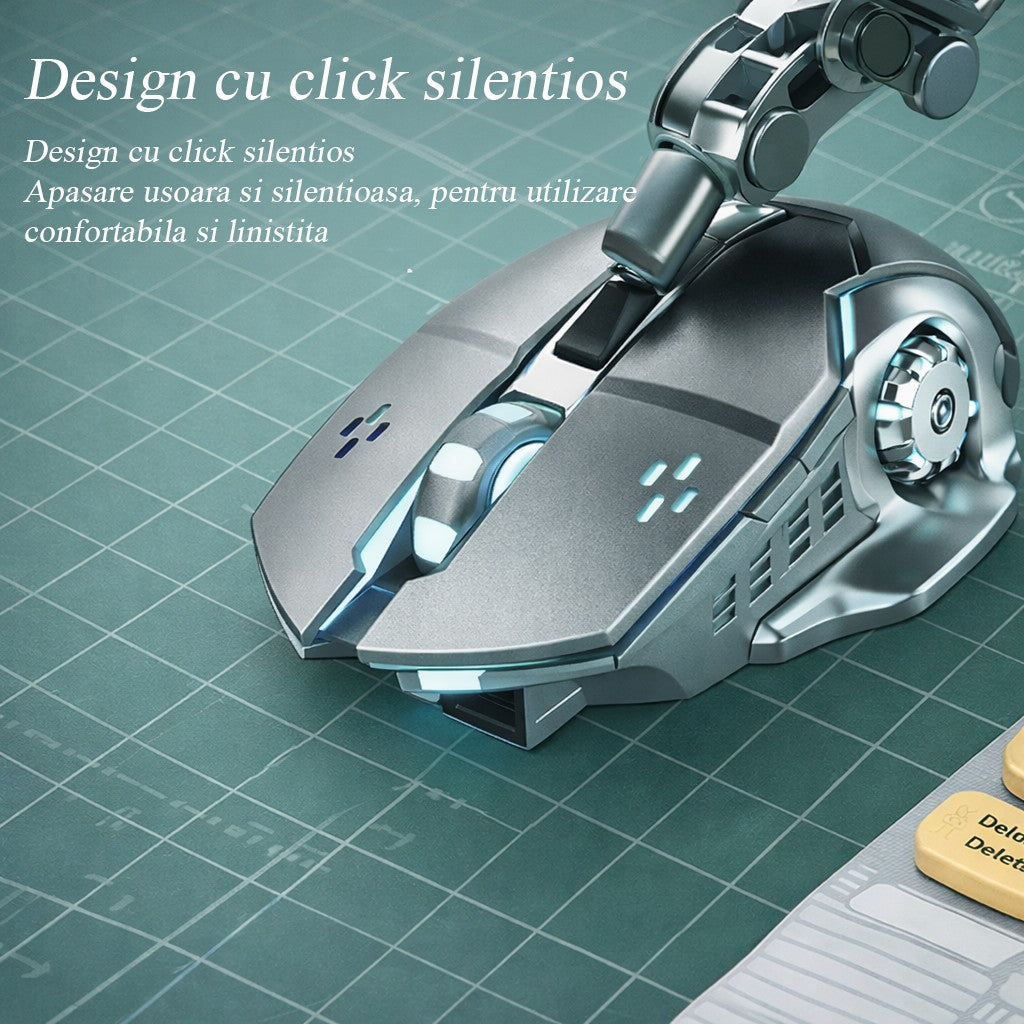 Mouse Wireless Gaming, Design Ergonomic, Reincarcabil, 6 Butoane, DPI Ajustabil 800-1600, Iluminare RGB Breathing, Conexiune 2.4 GHz, Compatibil Laptop si PC, 138x80x38 mm, Gri/Roz