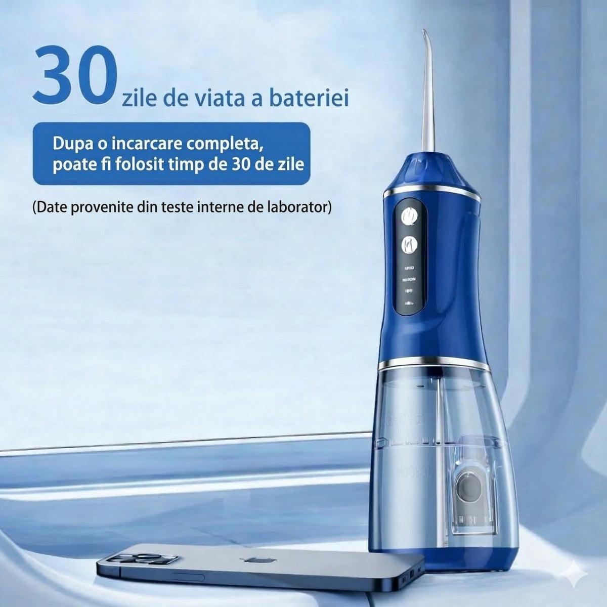 Irigator Bucal Electric, Dus Bucal Portabil pentru Curatare Interdentara si Tartru, 3 Trepte de Intensitate, Rezervor Apa Integrat, 4 Capete Interschimbabile, 25 x 8 x 8 cm, Albastru
