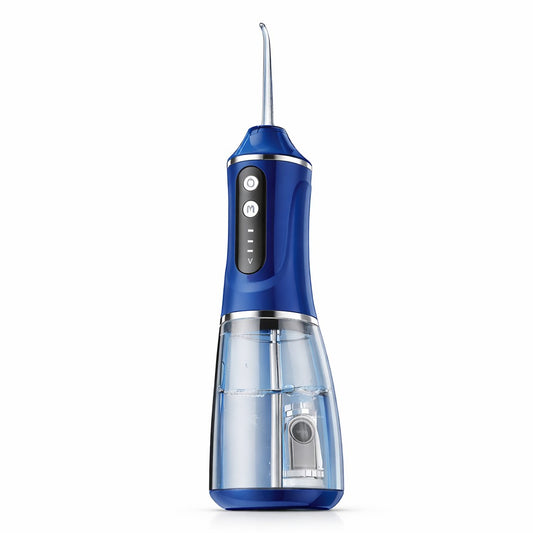 Irigator Bucal Electric, Dus Bucal Portabil pentru Curatare Interdentara si Tartru, 3 Trepte de Intensitate, Rezervor Apa Integrat, 4 Capete Interschimbabile, 25 x 8 x 8 cm, Albastru