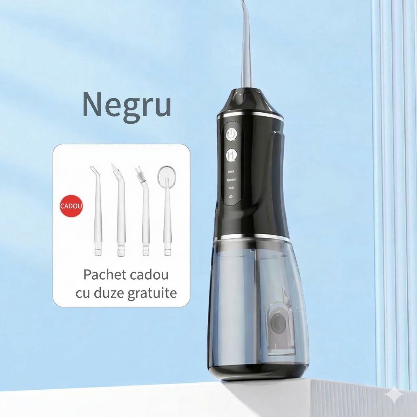 Irigator Bucal Electric Portabil, Dus Bucal pentru Indepartare Tartru si Placa Bacteriana, 3 Trepte de Intensitate, 4 Capete Interschimbabile, 25 x 8 x 8 cm, Negru