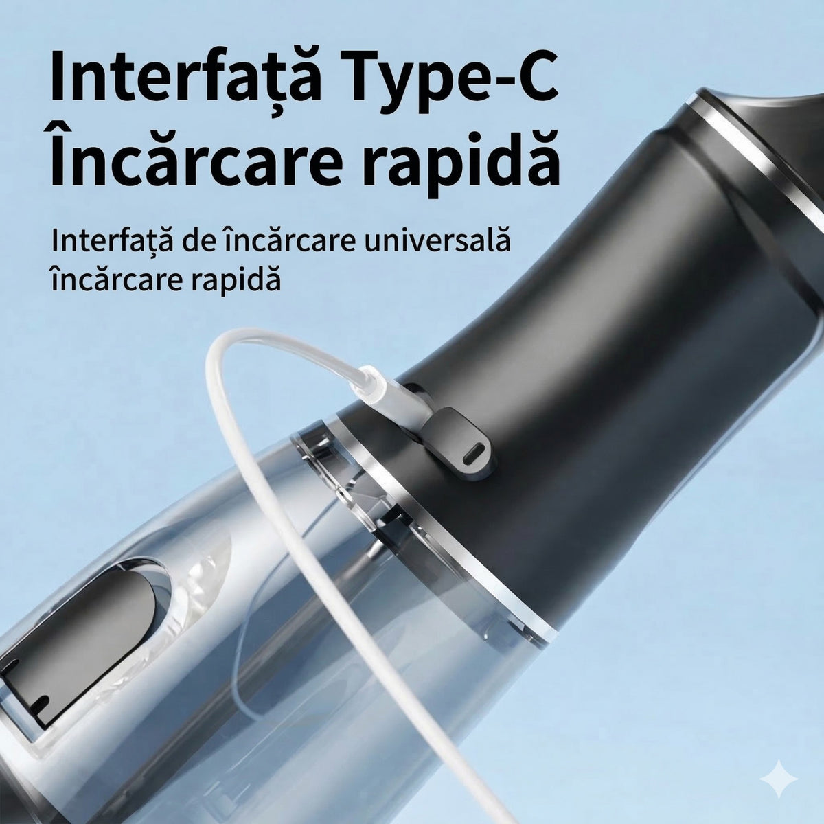 Irigator Bucal Electric Portabil, Dus Bucal pentru Indepartare Tartru si Placa Bacteriana, 3 Trepte de Intensitate, 4 Capete Interschimbabile, 25 x 8 x 8 cm, Negru