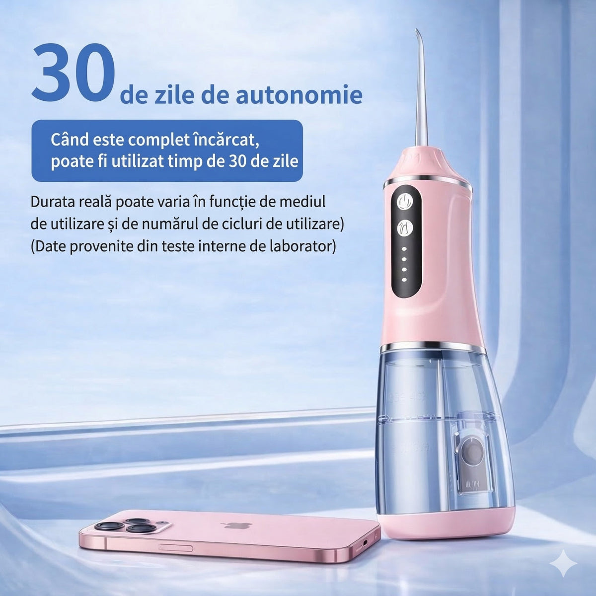 Irigator Bucal Electric Portabil, Dus Bucal pentru Curatare Interdentara si Tartru, 3 Trepte de Intensitate, Plastic, 4 Capete Interschimbabile, 25 x 8 x 8 cm, Roz
