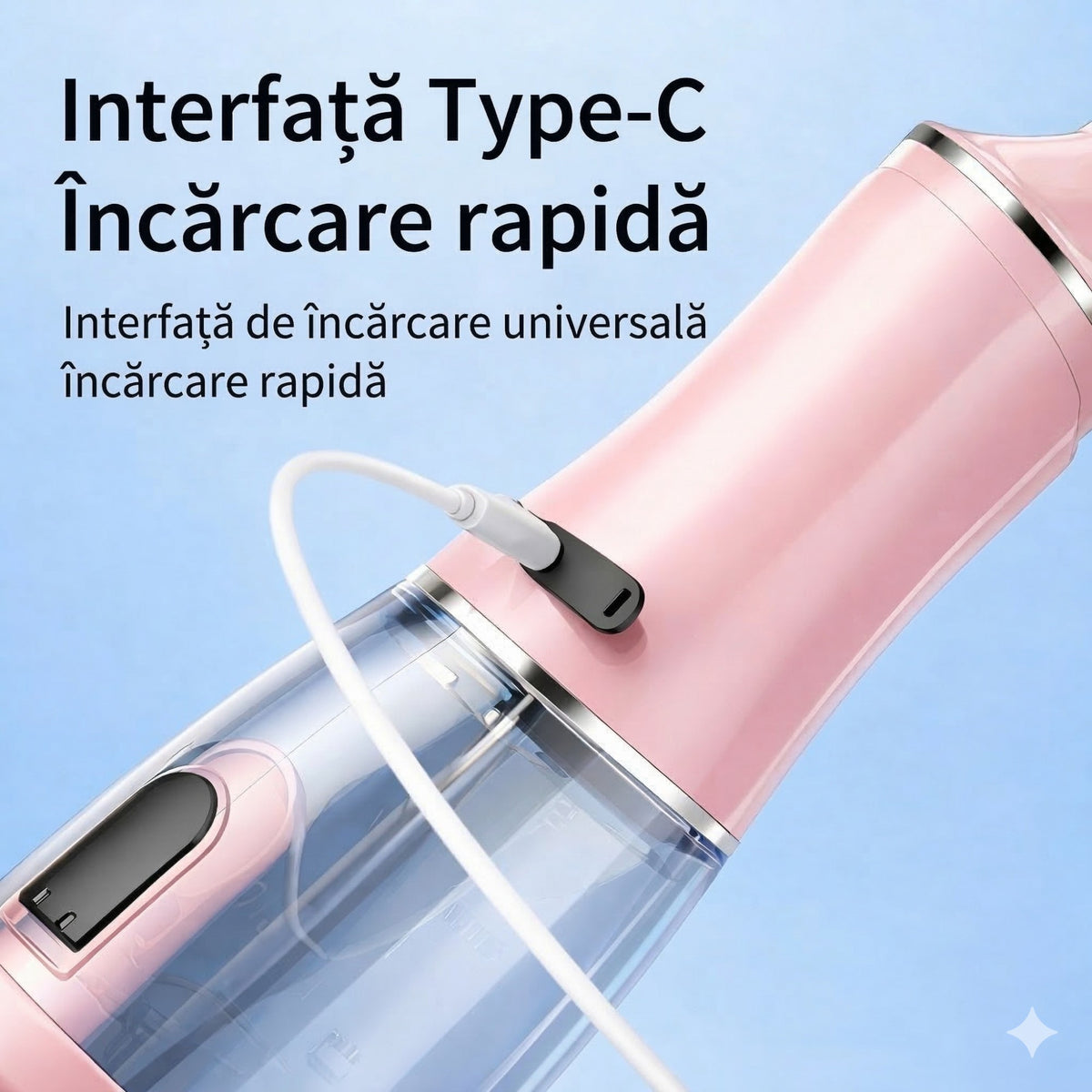 Irigator Bucal Electric Portabil, Dus Bucal pentru Curatare Interdentara si Tartru, 3 Trepte de Intensitate, Plastic, 4 Capete Interschimbabile, 25 x 8 x 8 cm, Roz