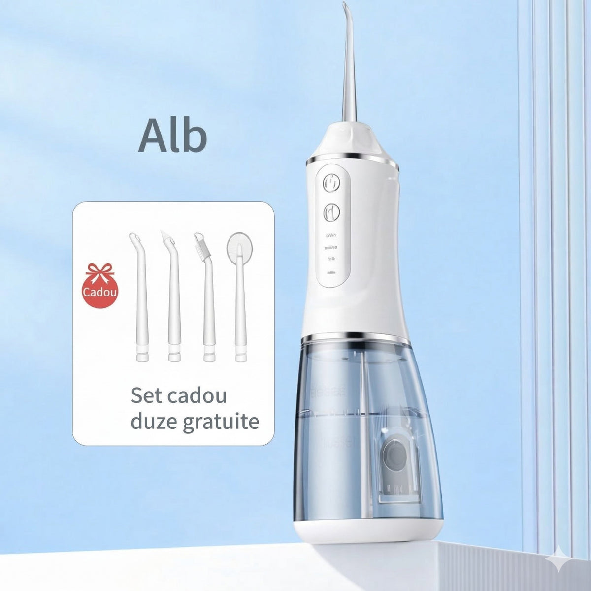 Irigator Bucal Electric si Dus Bucal Portabil, Curatare Interdentara si Indepartare Tartru, 3 Trepte de Intensitate, Rezervor Apa, 4 Capete Interschimbabile, 25 x 8 x 8 cm, Alb