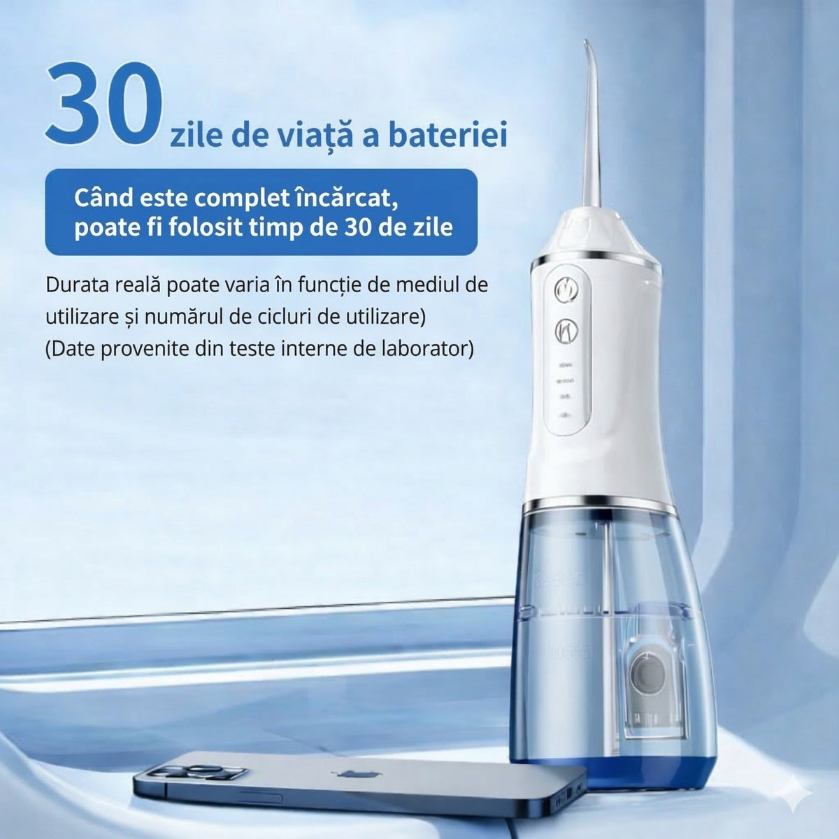 Irigator Bucal Electric si Dus Bucal Portabil, Curatare Interdentara si Indepartare Tartru, 3 Trepte de Intensitate, Rezervor Apa, 4 Capete Interschimbabile, 25 x 8 x 8 cm, Alb