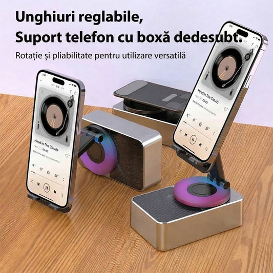 Suport Telefon cu Boxa Bluetooth, Rotativ 360 Grade si Pliabil, Difuzor Wireless 5W, Acumulator 1500 mAh, Incarcare USB Type-C, Material ABS, 12.2 x 7.4 x 5.8 cm, Negru