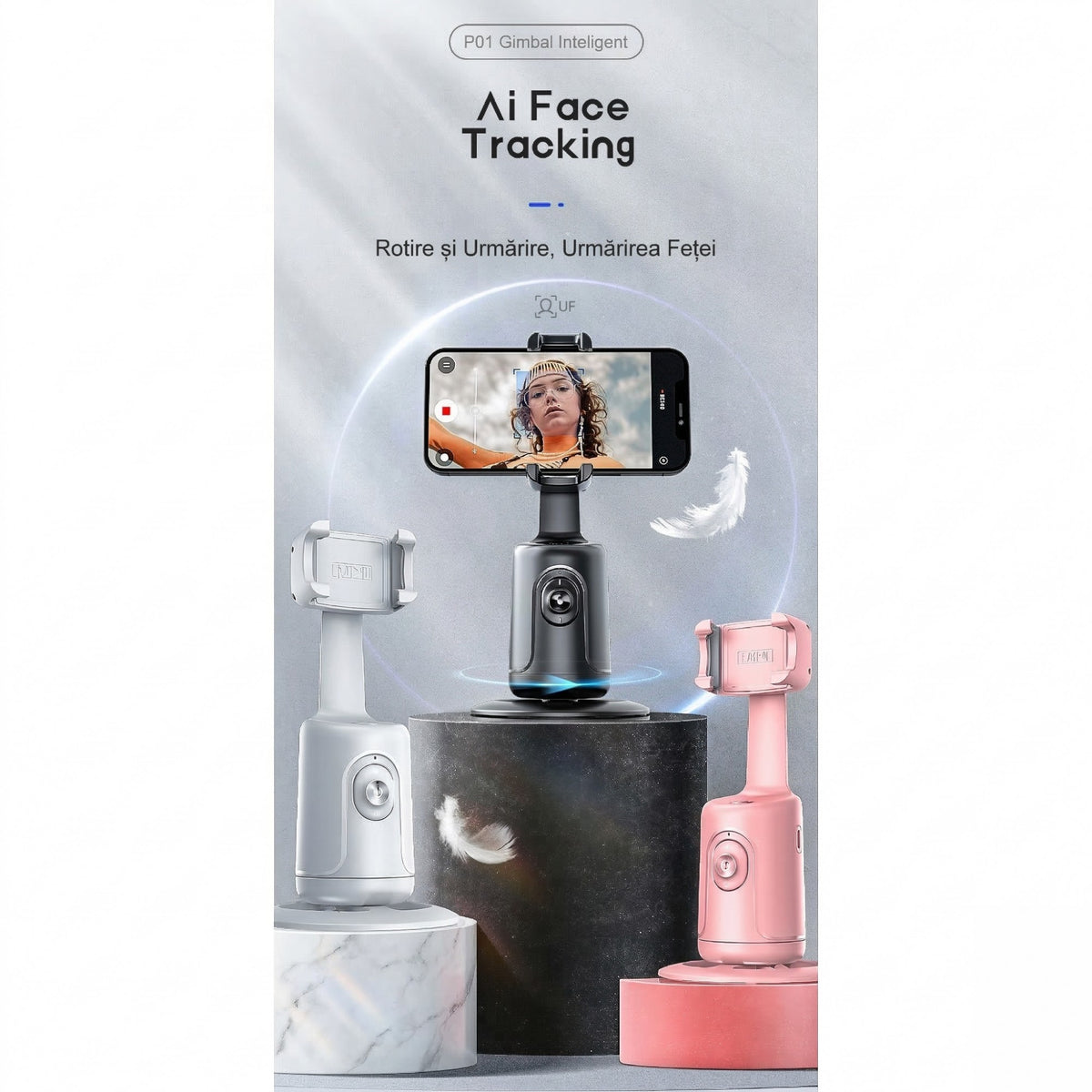 Stabilizator Telefon Cu Urmarire Automata, Tehnologie AI Face Tracking, Suport Rotativ 360 Grade Pentru Live Streaming Si Vlog, ABS, 17 x 8 cm, Negru