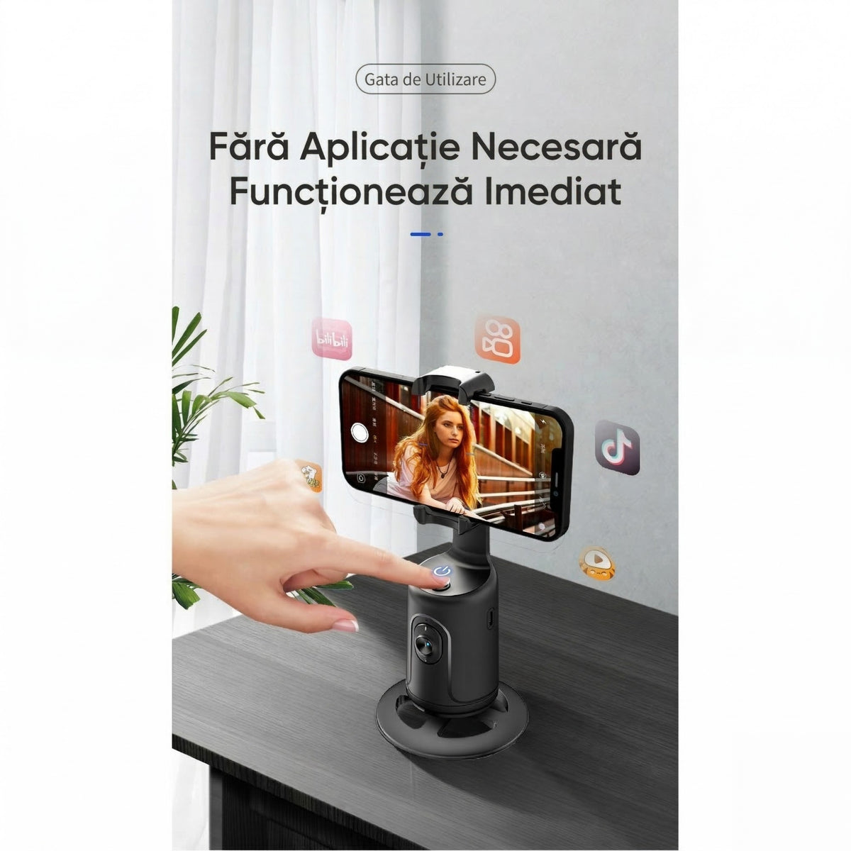 Stabilizator Telefon Cu Urmarire Automata, Tehnologie AI Face Tracking, Suport Rotativ 360 Grade Pentru Live Streaming Si Vlog, ABS, 17 x 8 cm, Negru