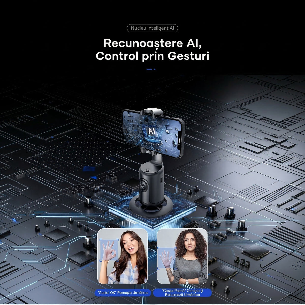 Stabilizator Telefon Cu Urmarire Automata, Tehnologie AI Face Tracking, Suport Rotativ 360 Grade Pentru Live Streaming Si Vlog, ABS, 17 x 8 cm, Negru