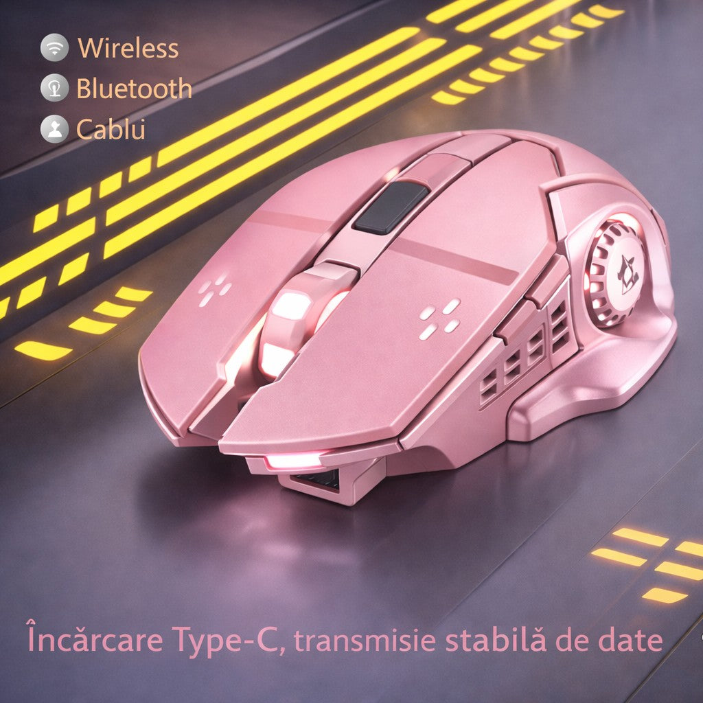 Mouse Wireless Ergonomic, Tehnologie 2.4 GHz, 6 Butoane, DPI Ajustabil 800-1600, Iluminare RGB Breathing, Acumulator Reincarcabil, Compatibil Laptop si Tableta, 138x80x38 mm, Roz