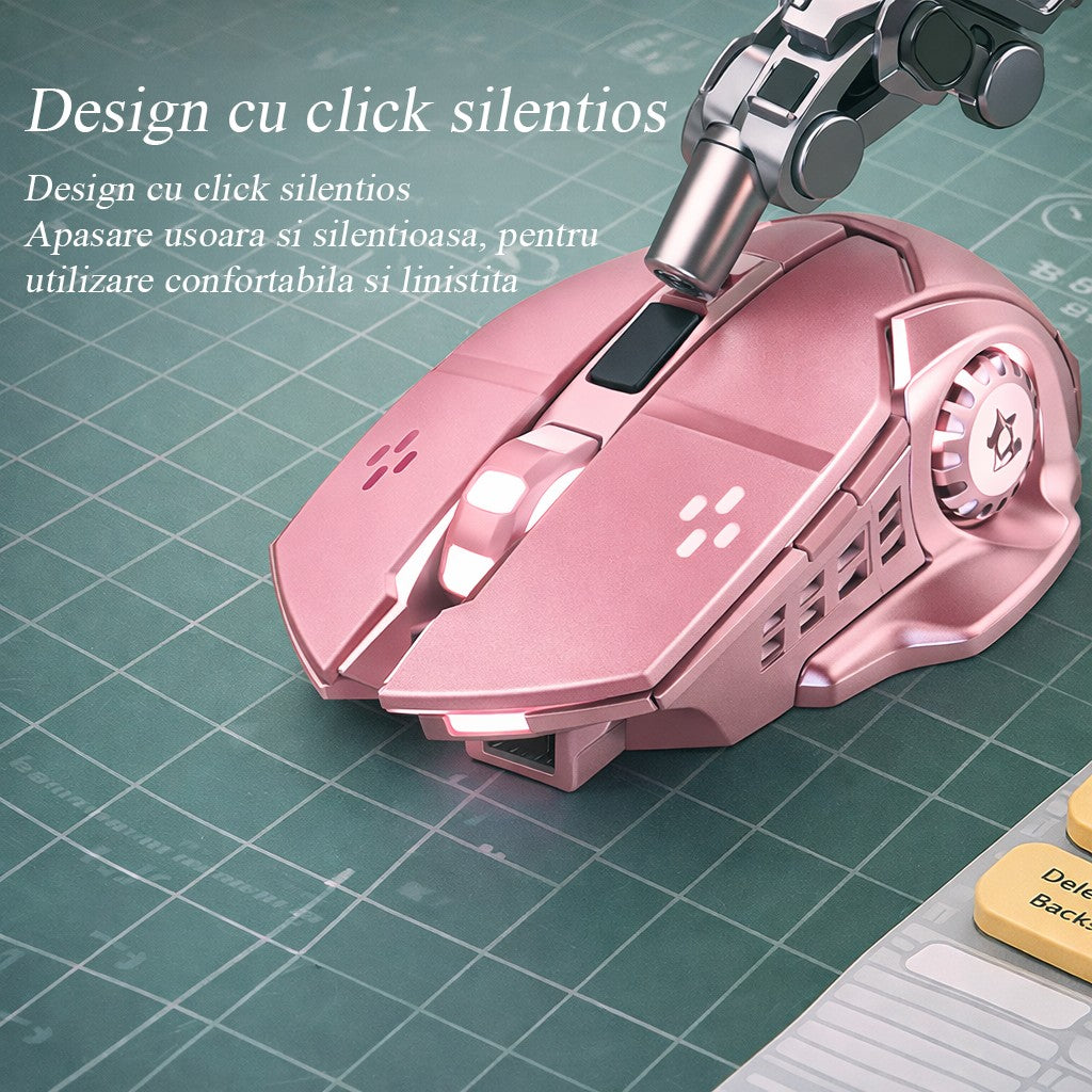 Mouse Wireless Ergonomic, Tehnologie 2.4 GHz, 6 Butoane, DPI Ajustabil 800-1600, Iluminare RGB Breathing, Acumulator Reincarcabil, Compatibil Laptop si Tableta, 138x80x38 mm, Roz
