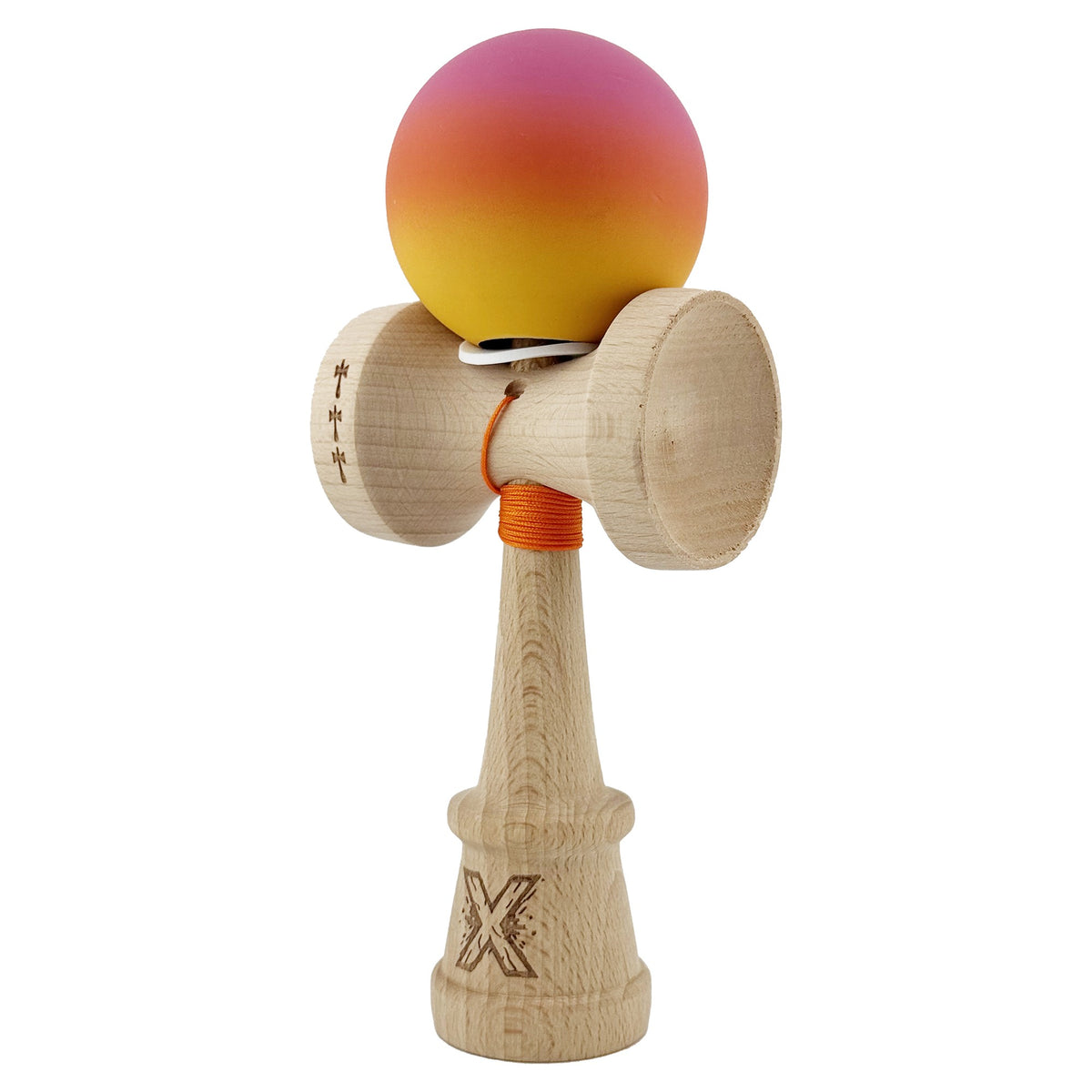 Kendama X Originala, Model V3 Roz / Portocaliu / Galben in Degrade, Profesionala, Cupe Mari King Size, Rubber Grip, Gaura in Baza, Rulment, Ata 62cm