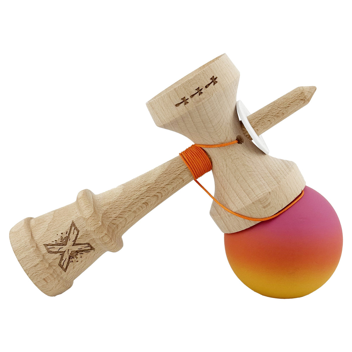 Kendama X Originala, Model V3 Roz / Portocaliu / Galben in Degrade, Profesionala, Cupe Mari King Size, Rubber Grip, Gaura in Baza, Rulment, Ata 62cm