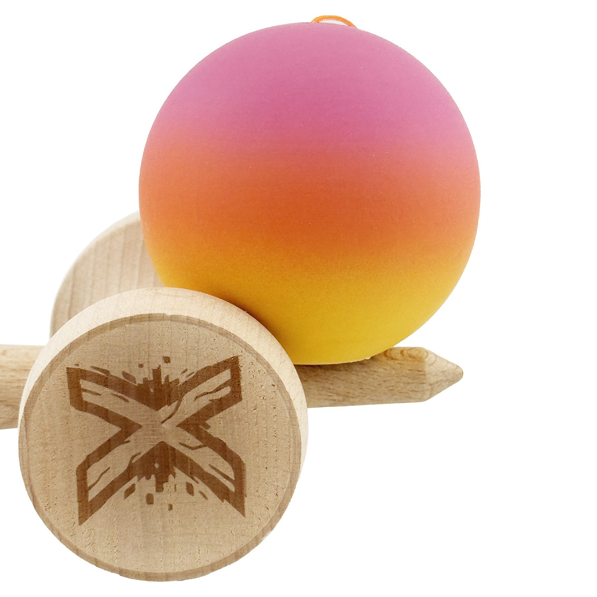 Kendama X Originala, Model V3 Roz / Portocaliu / Galben in Degrade, Profesionala, Cupe Mari King Size, Rubber Grip, Gaura in Baza, Rulment, Ata 62cm