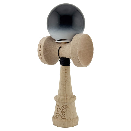 Kendama X Originala, Model V3 Negru / Alb in Degrade, Profesionala, Cupe Mari King Size, Super Sticky, Gaura in Baza, Rulment, Ata 62cm