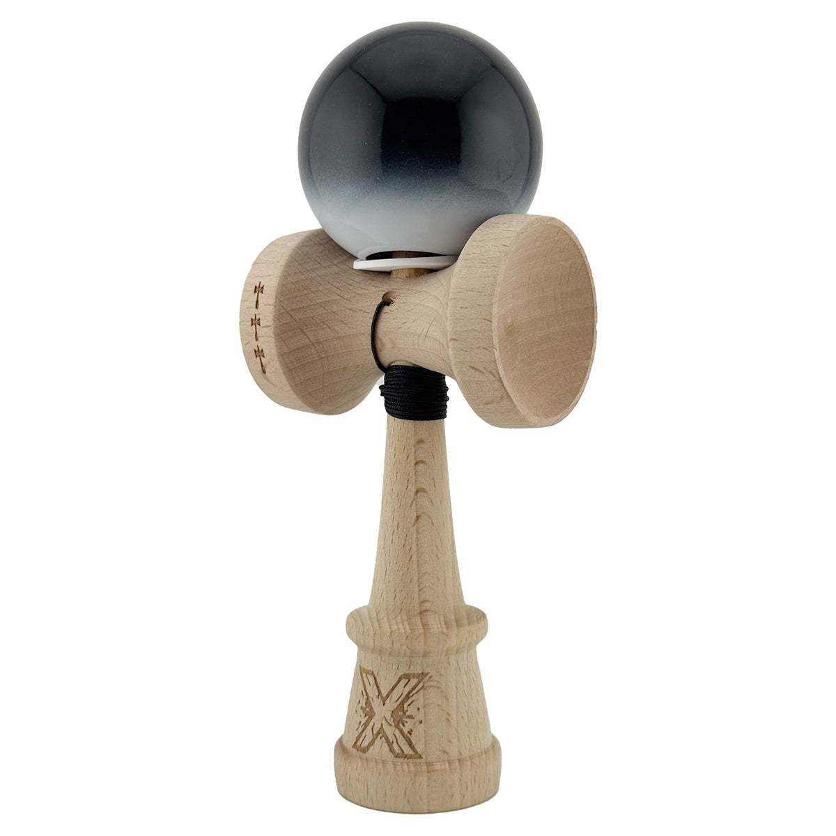 Kendama X Originala, Model V3 Negru / Alb in Degrade, Profesionala, Cupe Mari King Size, Super Sticky, Gaura in Baza, Rulment, Ata 62cm